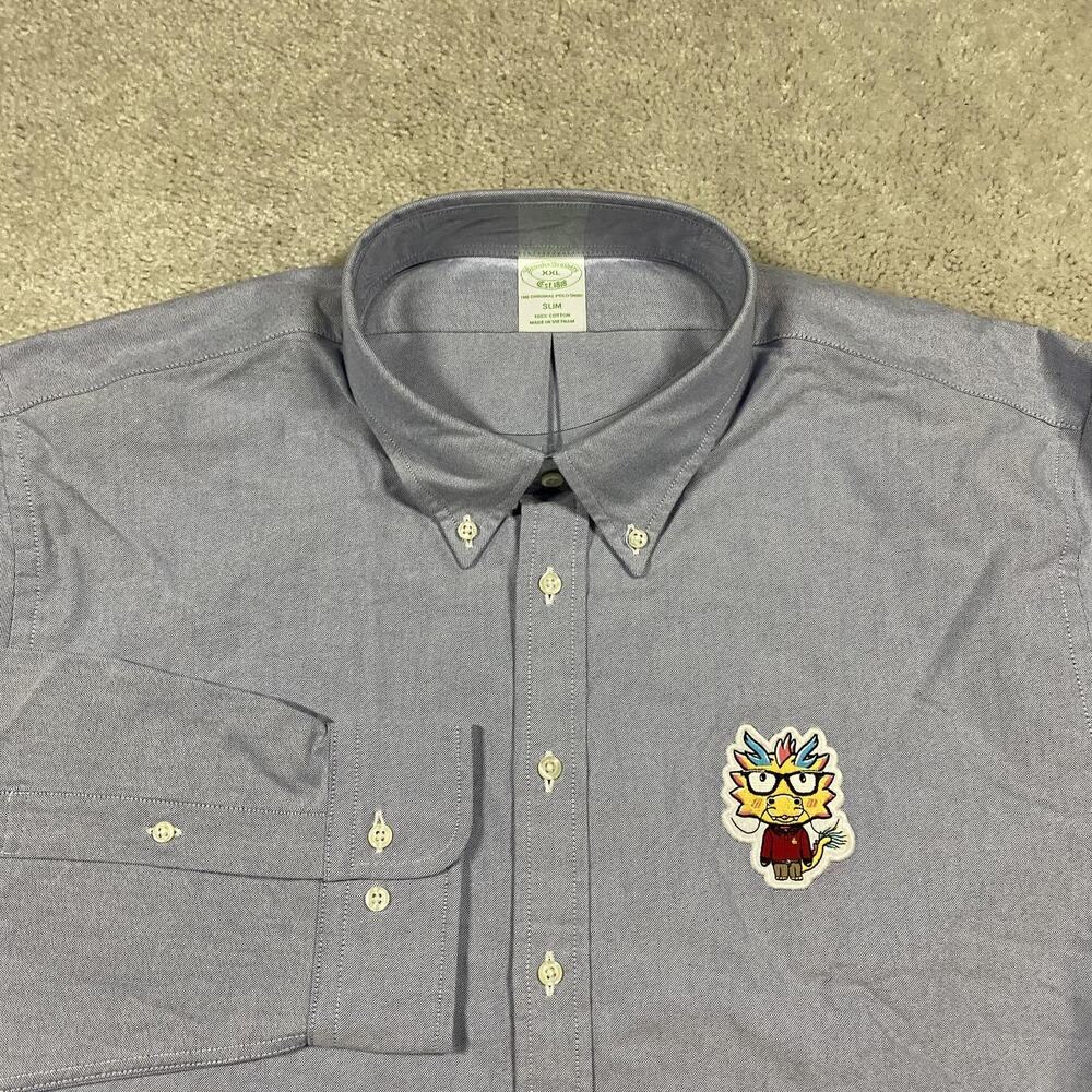 Brooks Brothers Shirt Mens 2XL Blue Slim Fit Button Down Year of Dragon Patch
